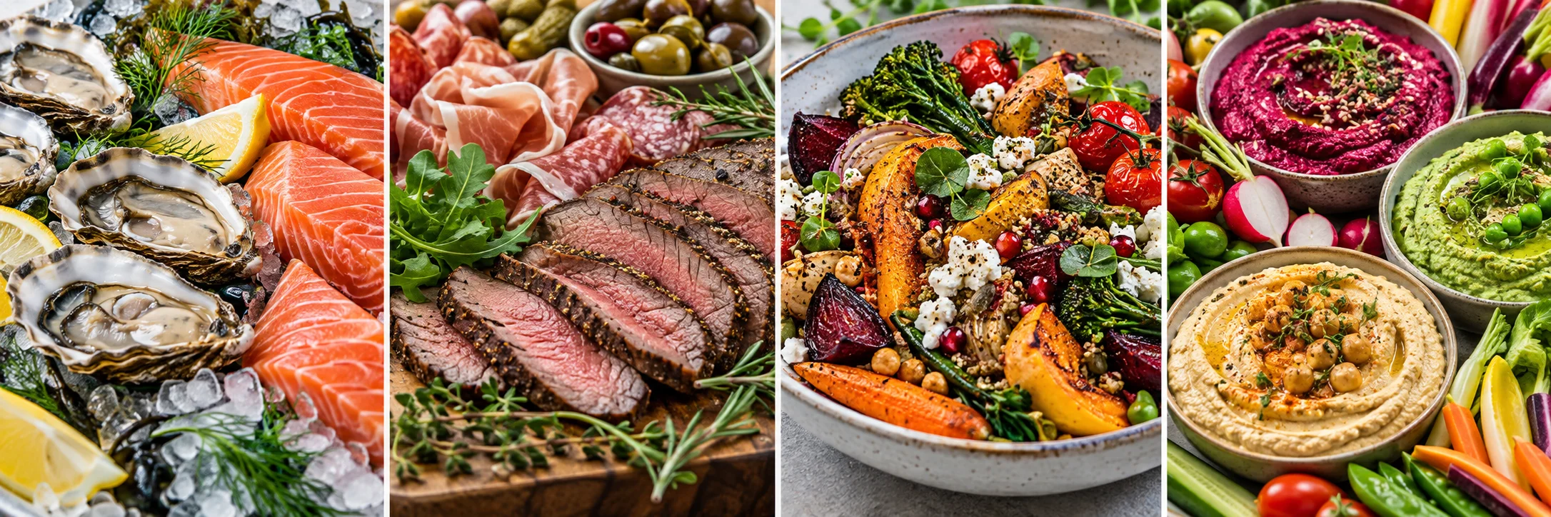 Illustrative seafood, meat, vegetable meal and dips